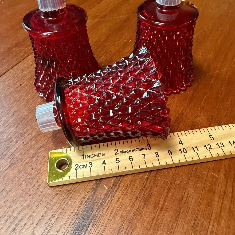 THREE Vintage Ruby Red Glass Hobnail Diamond Point Peg Votive Candle Holders MCM